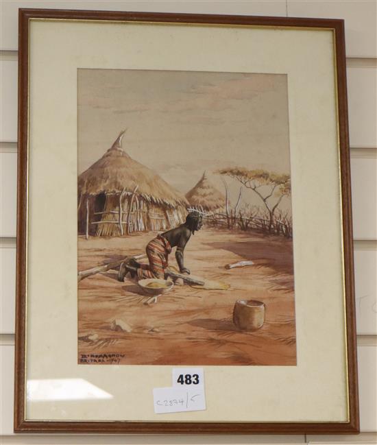 Giovanni Romagnoli, watercolour, Native grinding corn, inscribed Eritera 1947, 30 x 21cm